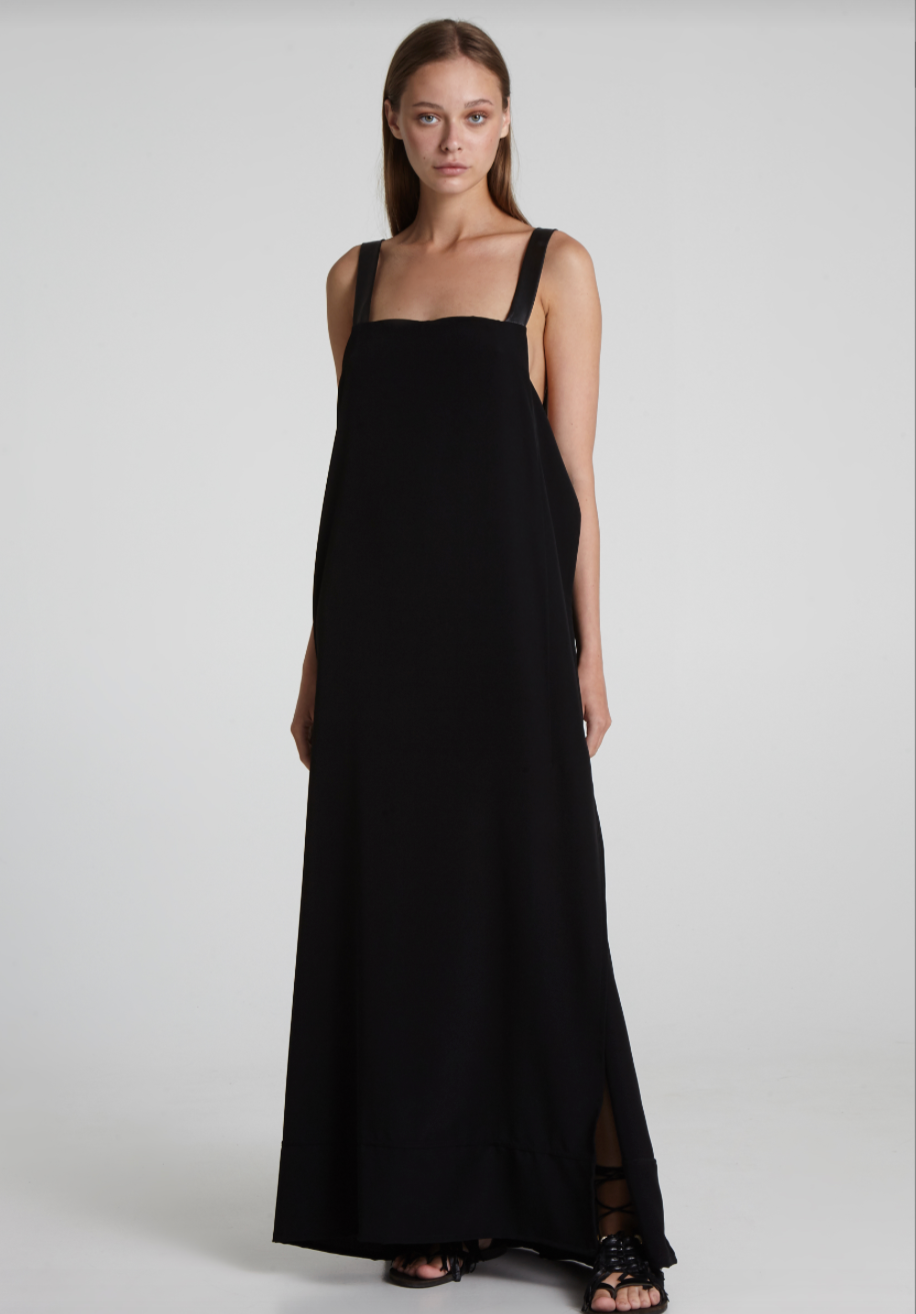 maxi dress with leather straps Bardot Vani faux leather bandeau maxi dress with slit in black
