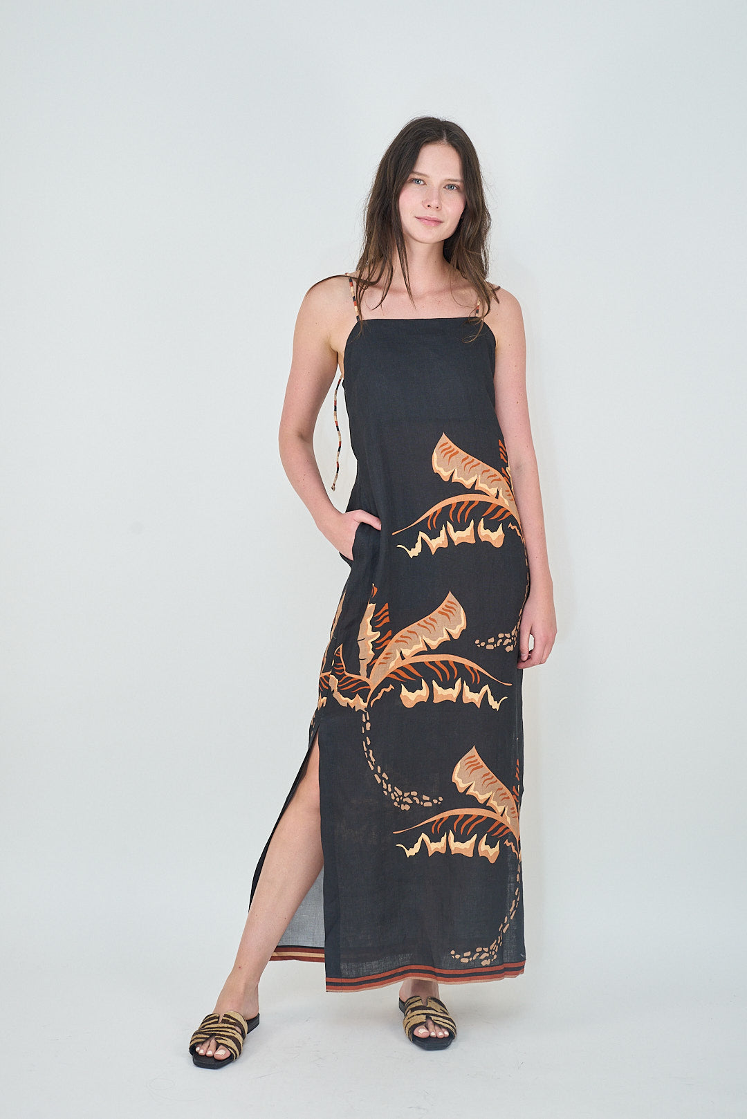 Long Dress Bali Tiger Palms Black