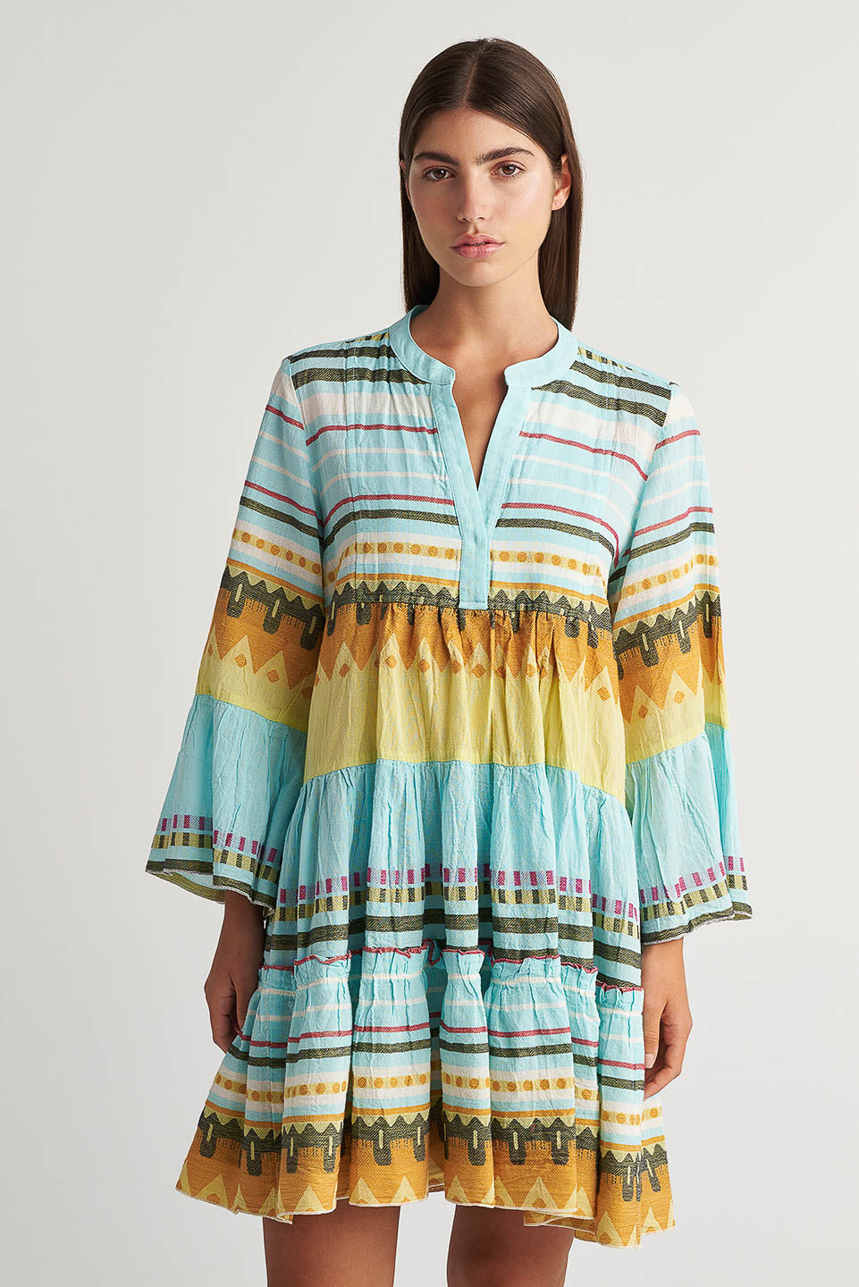 Maxi Dress with Frill in Halki Aqua Maxi Dress with Frill in Halki Aqua