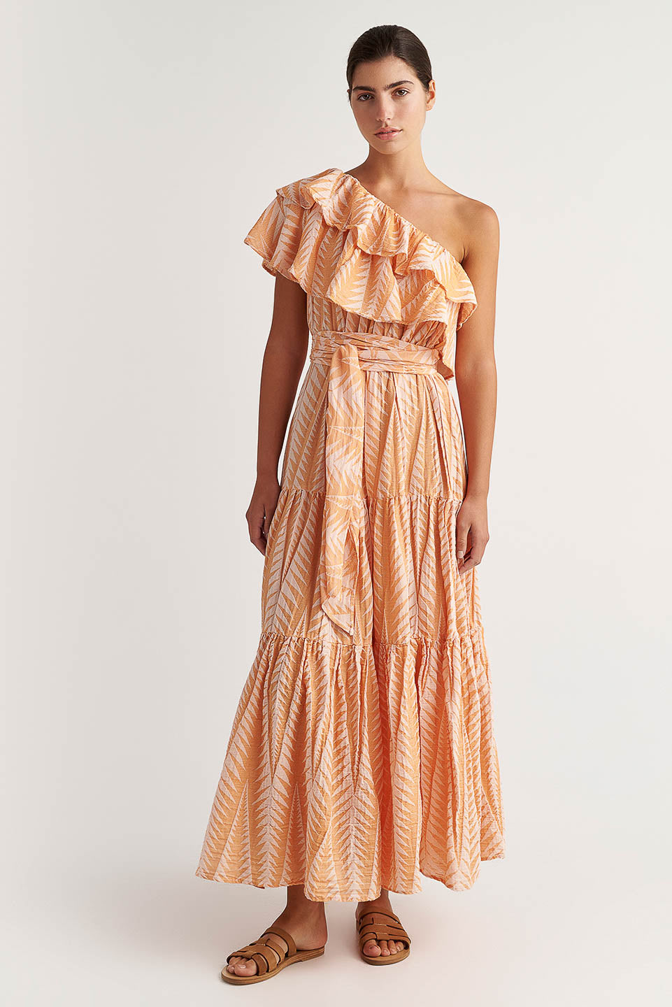 Maxi Dress with Frill in Halki Caramel Maxi Dress with Frill in Halki Caramel