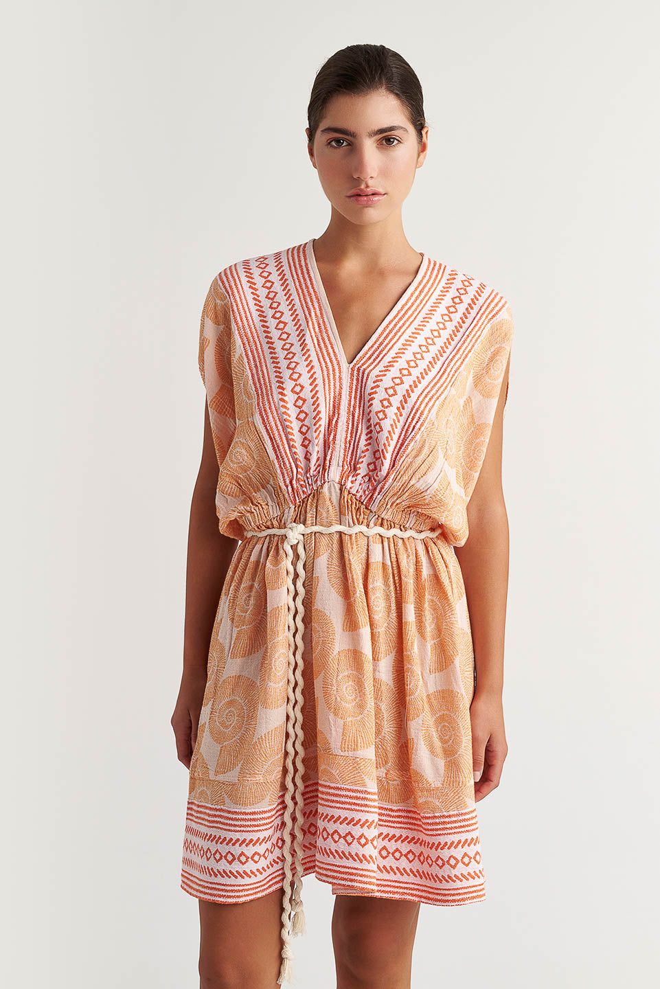 Zakar Kaftan Tied Dress in Kochyli Coral Zakar Kaftan Tied Dress in Kochyli Coral