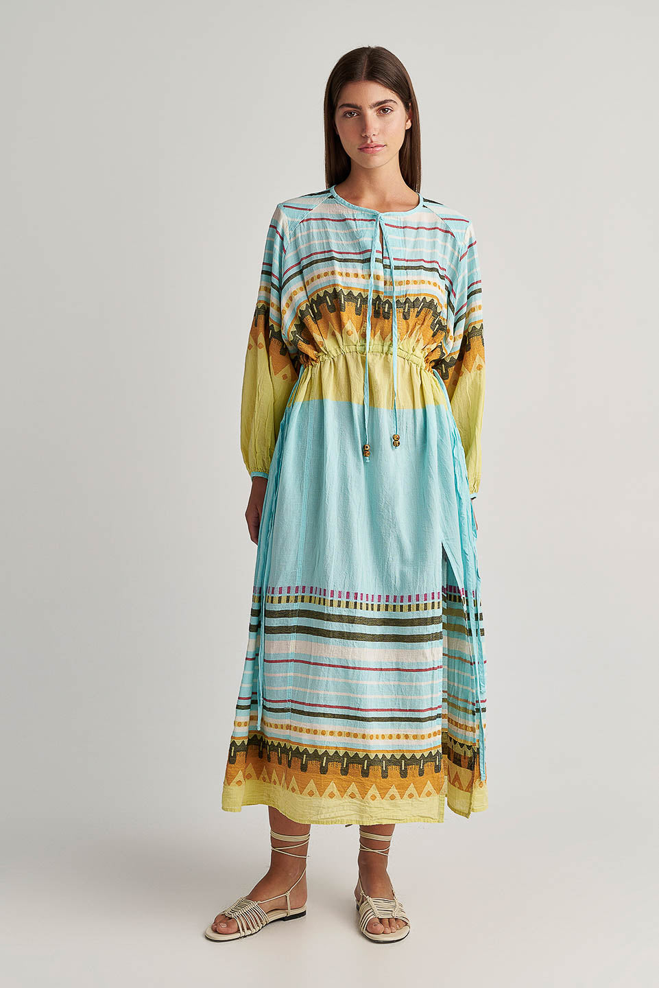 Maxi Dress with Frill in Halki Aqua Maxi Dress with Frill in Halki Aqua