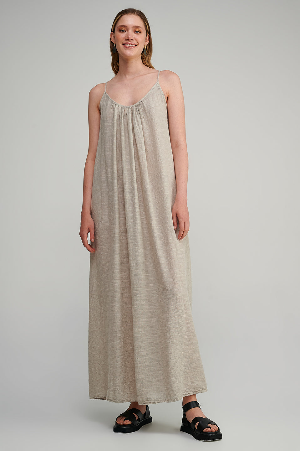 beige gauze dress Beige Cotton Gauze Maxi Dress, Adjustable Spaghetti Straps, Smocked Boho Dress